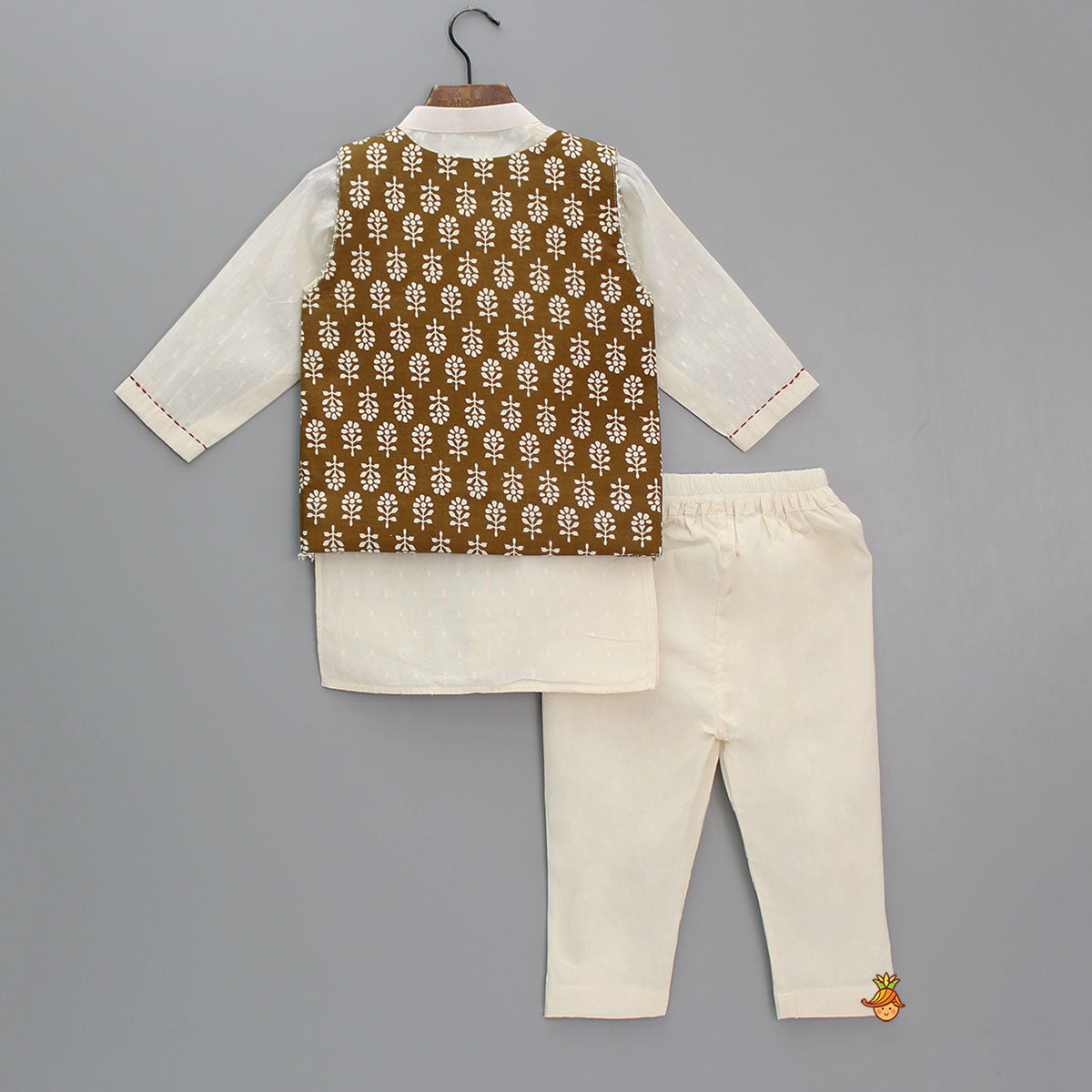 Kurta With Printed Brown Jacket And Pyjama