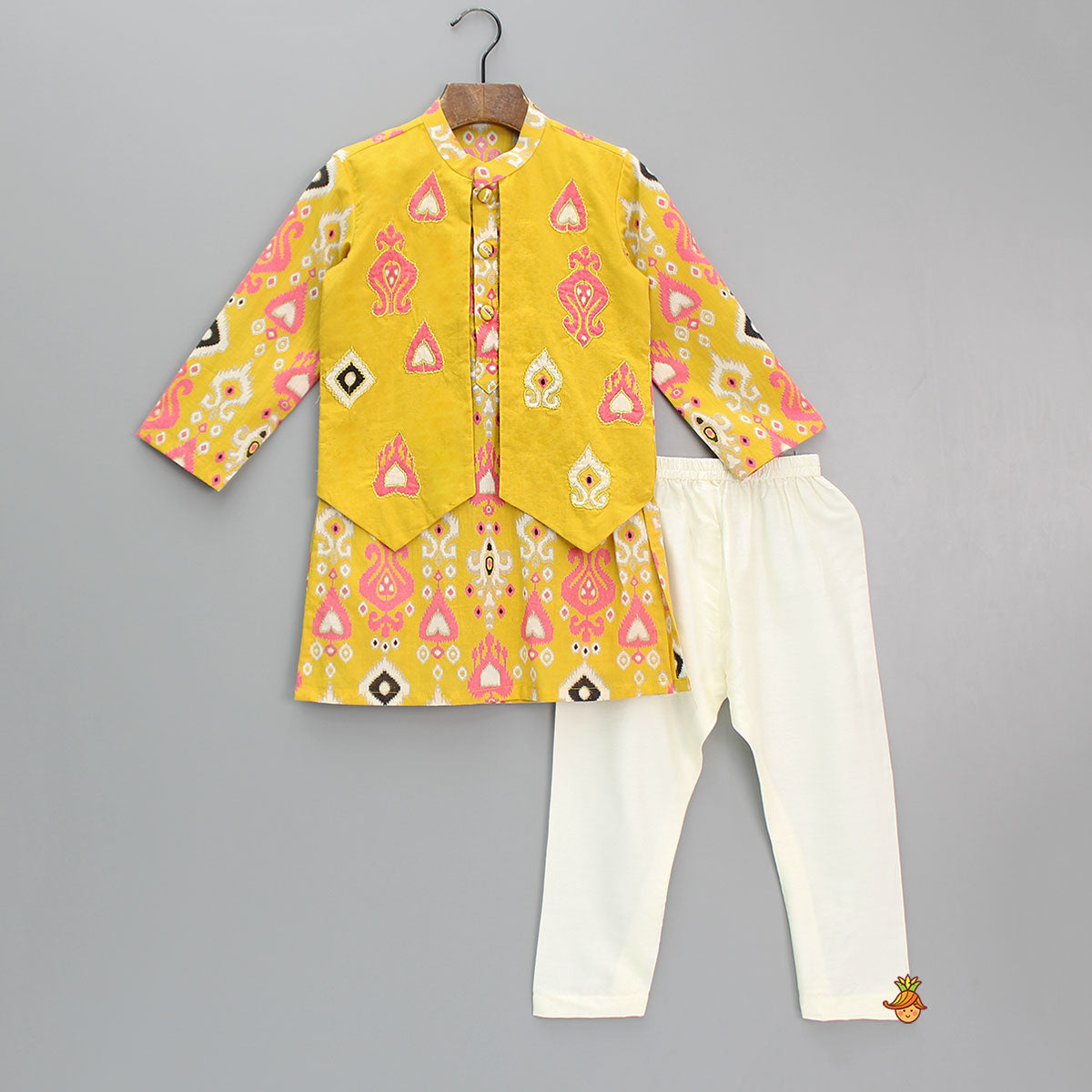 Multicoloured Printed Yellow Kurta With Attached Jacket And Pyjama