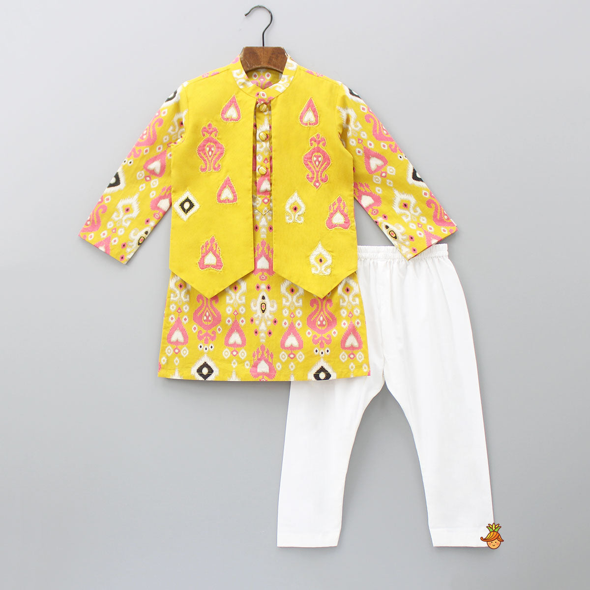 Multicoloured Printed Yellow Kurta With Attached Jacket And Pyjama