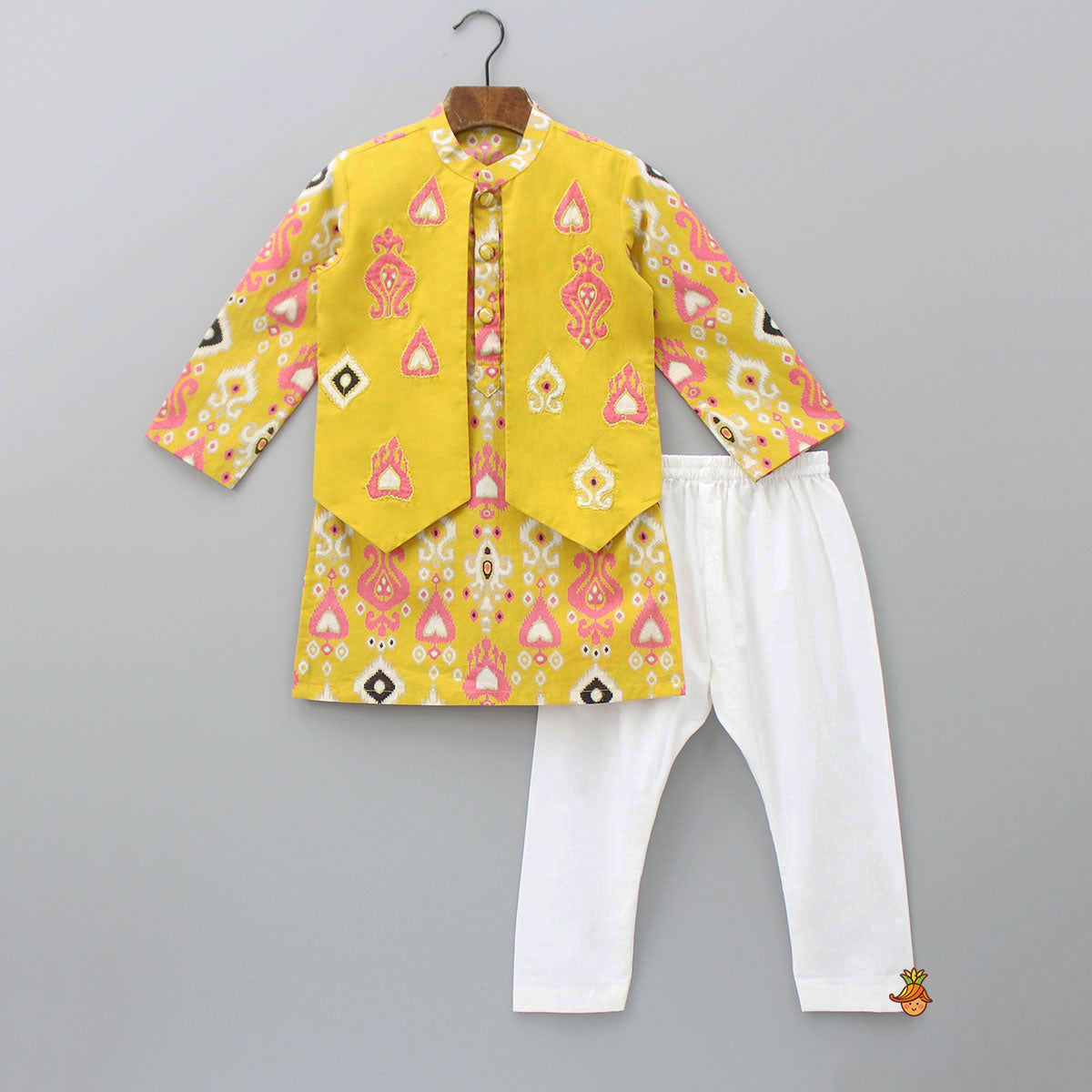 Multicoloured Printed Yellow Kurta With Attached Jacket And Pyjama