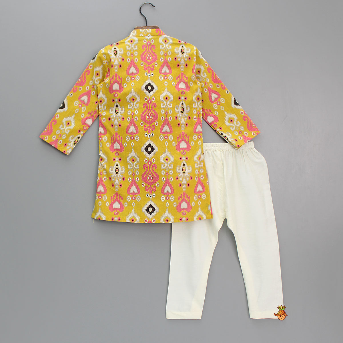 Multicoloured Printed Yellow Kurta With Attached Jacket And Pyjama