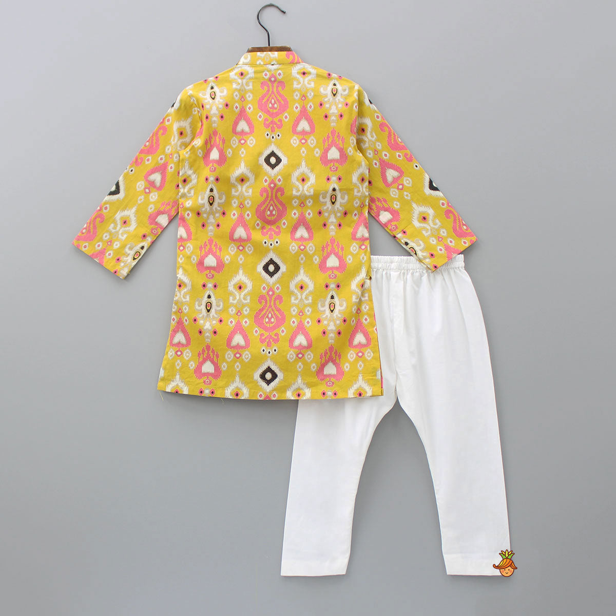 Multicoloured Printed Yellow Kurta With Attached Jacket And Pyjama