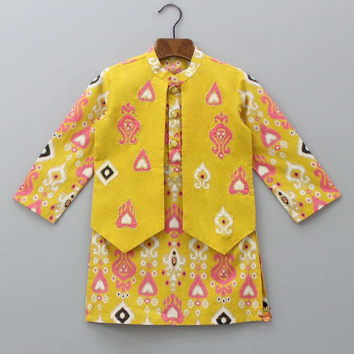 Multicoloured Printed Yellow Kurta With Attached Jacket And Pyjama