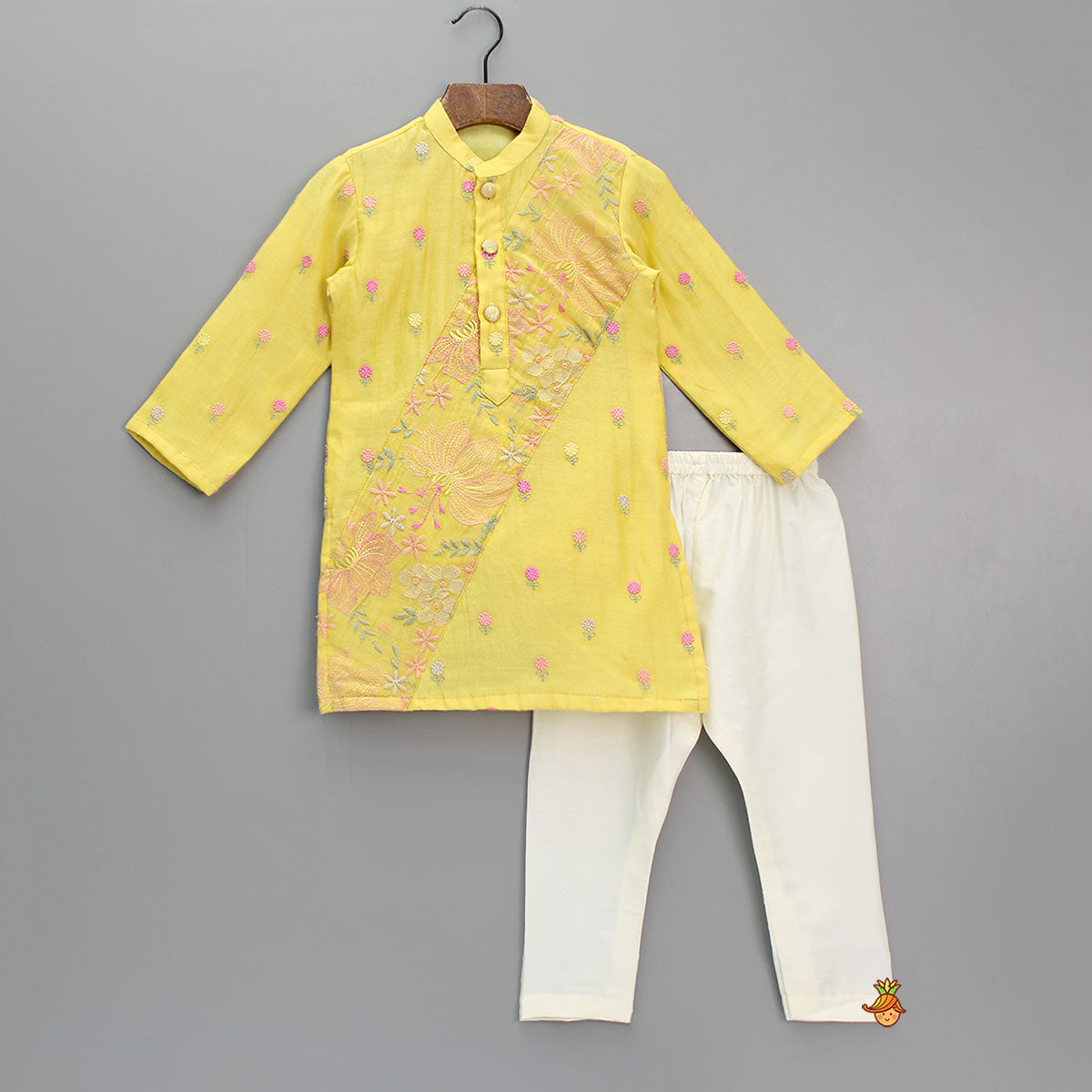 Yellow Floral Embroidered Kurta And Pyjama