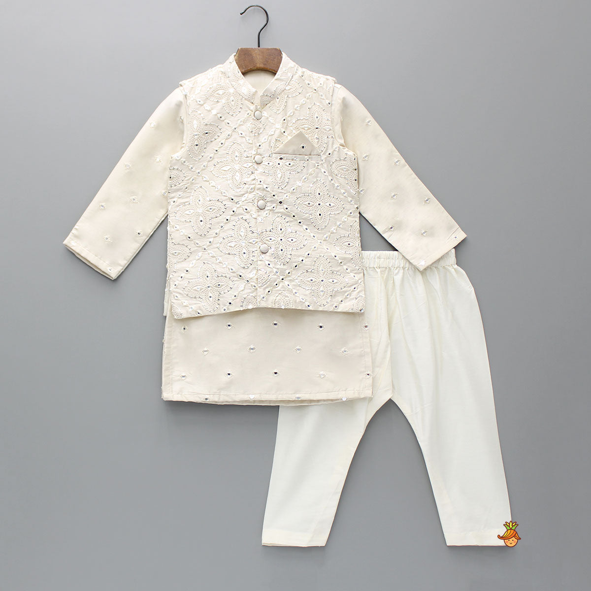 Faux Mirror Embroidered Kurta And Jacket With Pyjama