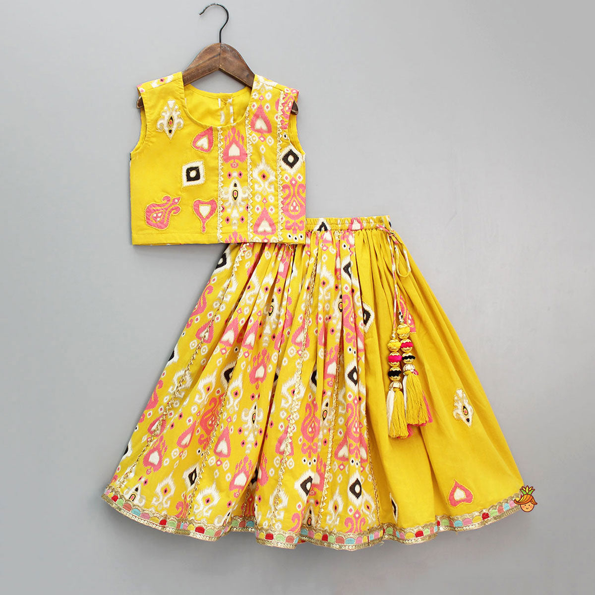 Printed Yellow Top And Pleated Lehenga