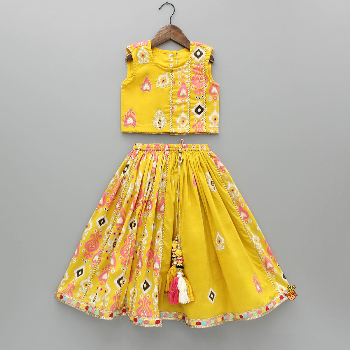 Printed Yellow Top And Pleated Lehenga