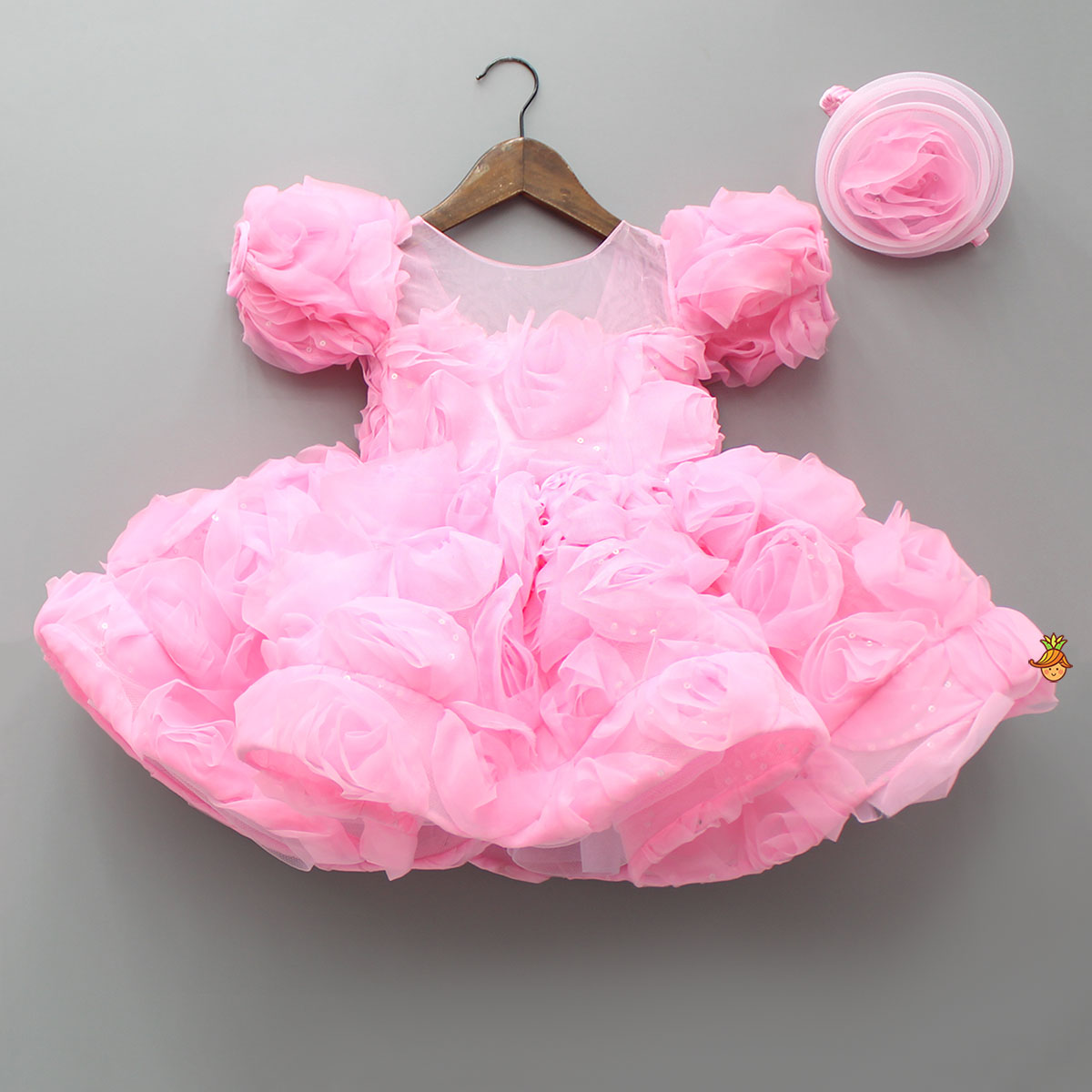 Frilly Pink Dress With Detachable Bow And Matching Swirled Headbow