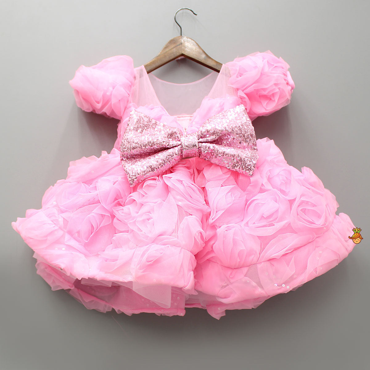 Frilly Pink Dress With Detachable Bow And Matching Swirled Headbow