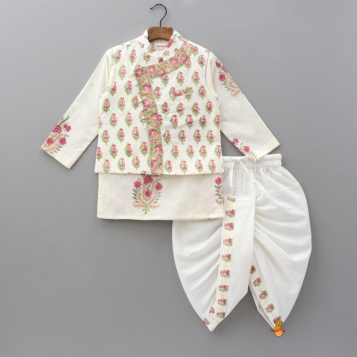 Floral Printed Kurta With Handworked Jacket And Dhoti