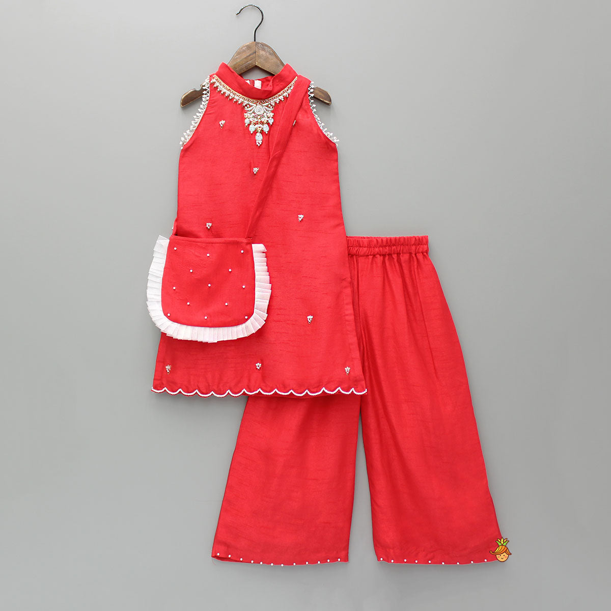 Embroidered Red Halter Neck Kurti With Palazzo And Matching Sling Bag