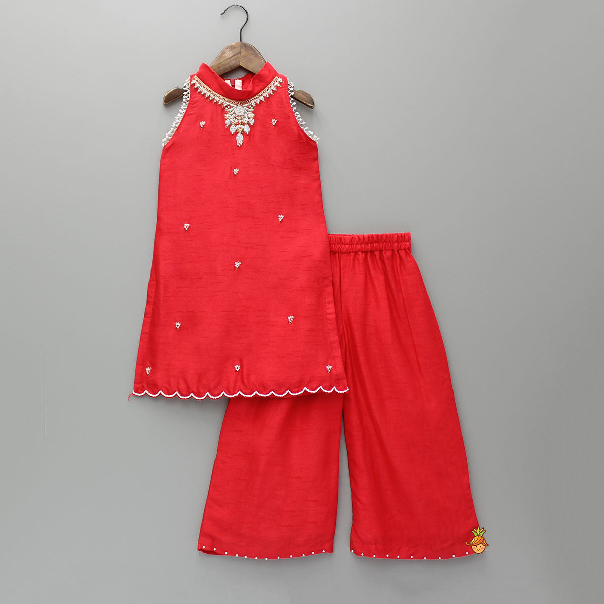 Embroidered Red Halter Neck Kurti With Palazzo And Matching Sling Bag