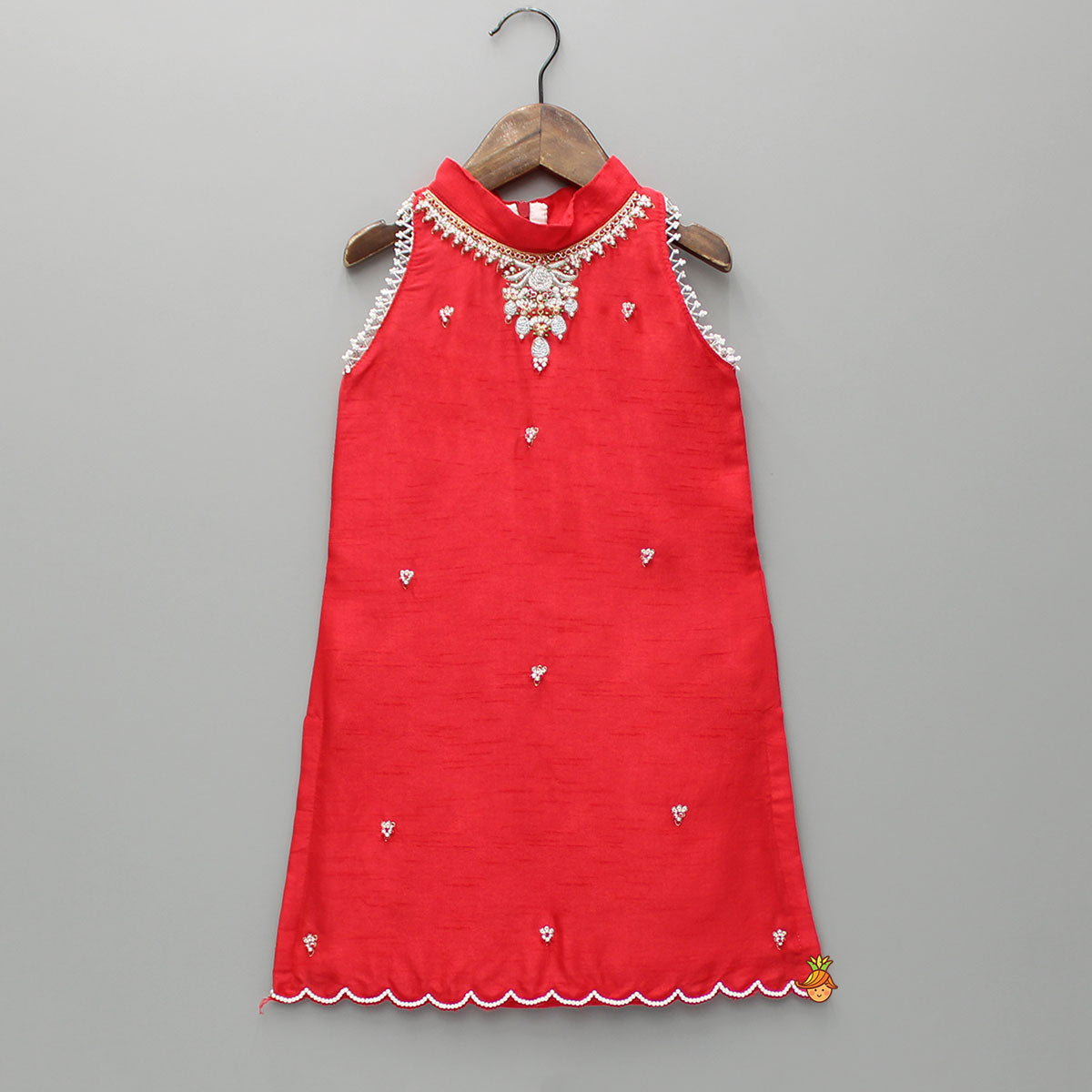 Embroidered Red Halter Neck Kurti With Palazzo And Matching Sling Bag