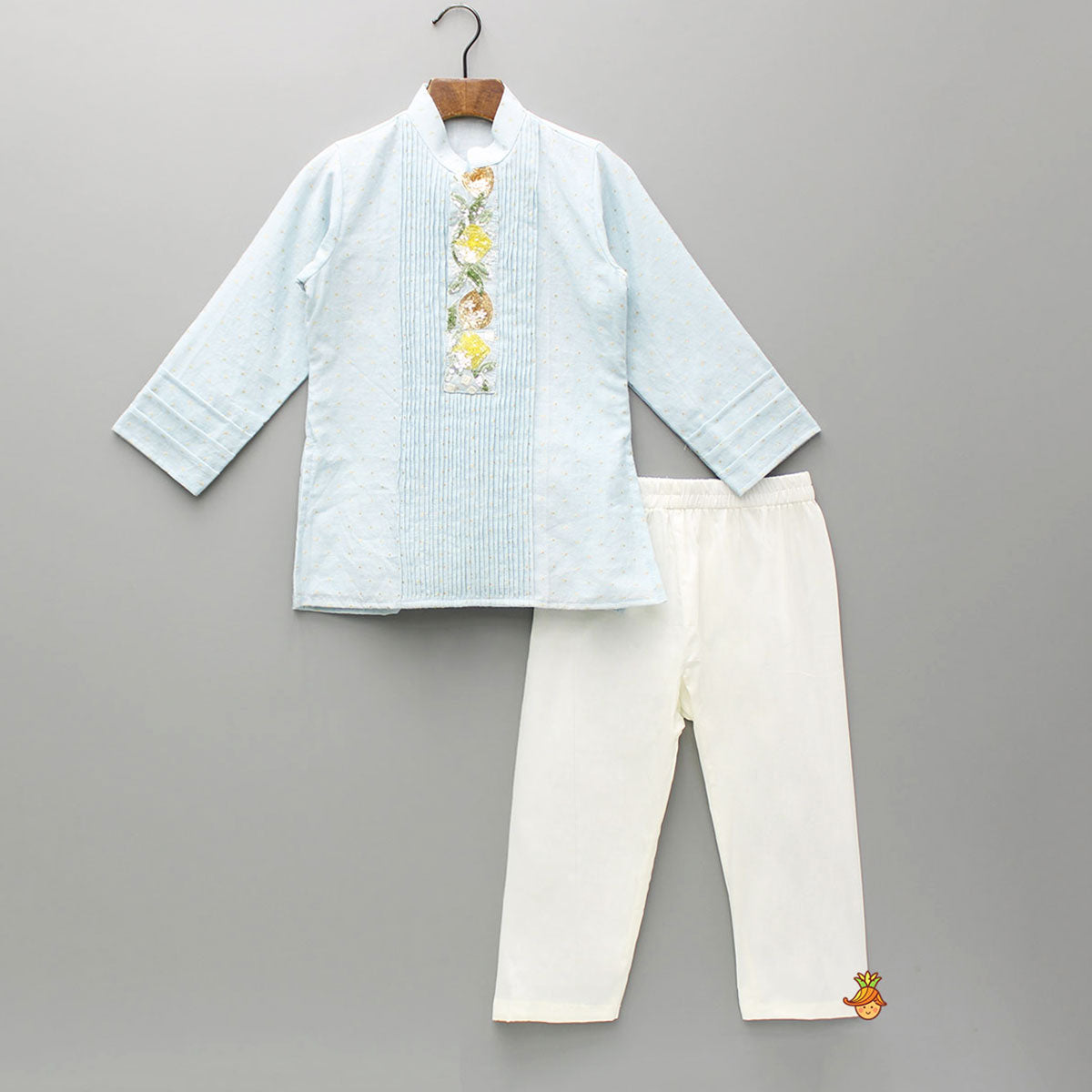 Chanderi Embroidered Blue Kurta With Pintucks And Pyjama