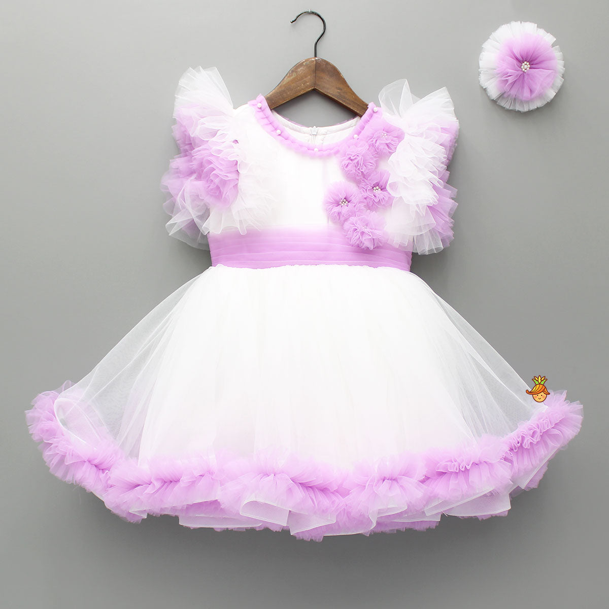 Frilly Flower Enhanced Dress With Matching Hairclip