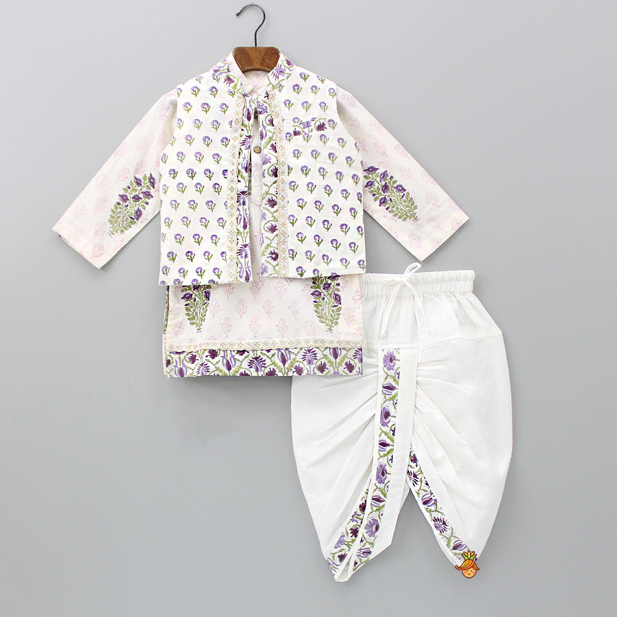 Floral Printed Kurta With Jacket And Dhoti