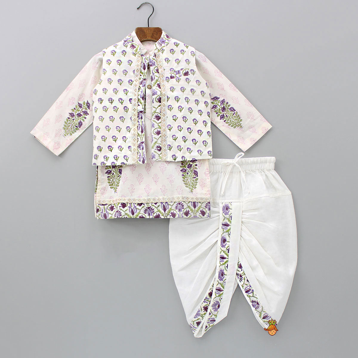 Floral Printed Kurta With Jacket And Dhoti