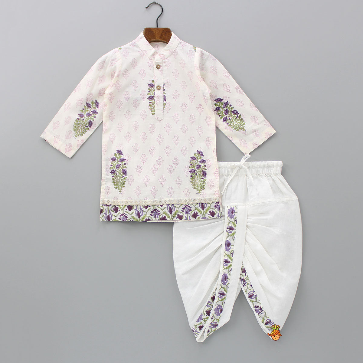 Floral Printed Kurta With Jacket And Dhoti