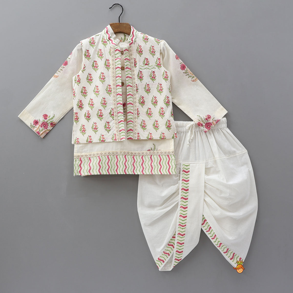 Multicoloured Floral Printed Kurta With Jacket And Dhoti