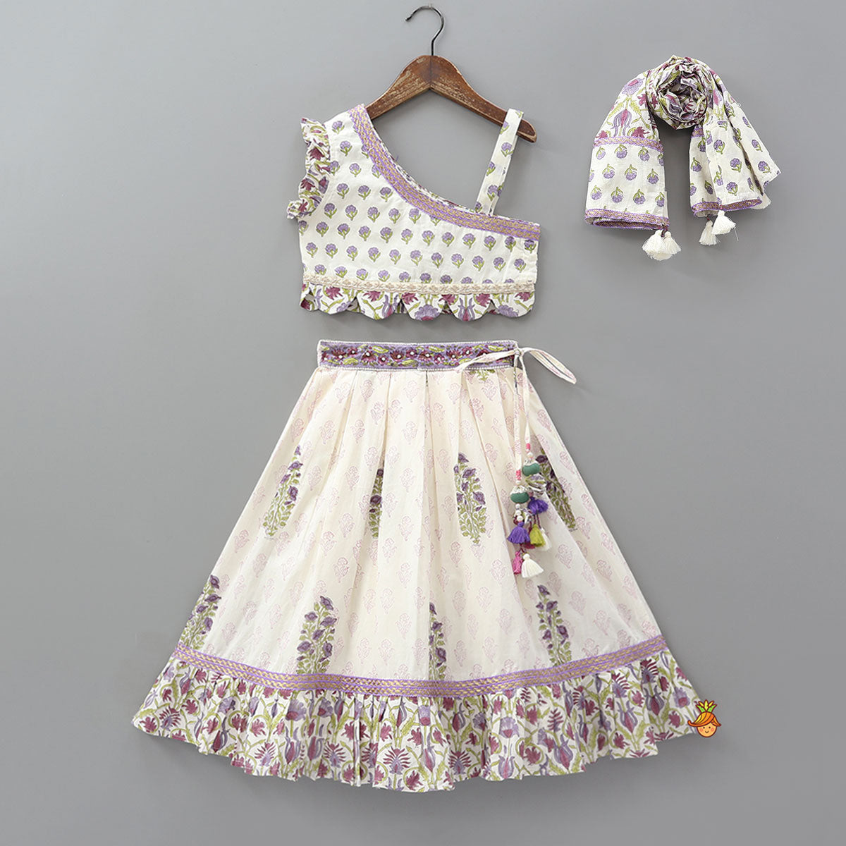 Floral Printed One Shoulder Top With Lehenga And Dupatta
