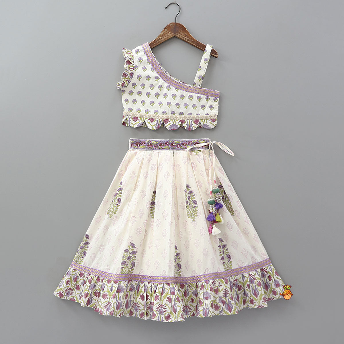 Floral Printed One Shoulder Top With Lehenga And Dupatta