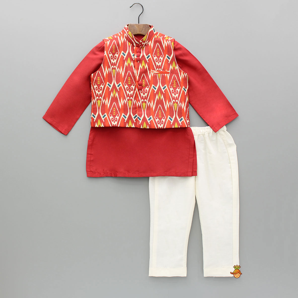 Red Kurta With Ikkat Printed Jacket And Pyjama