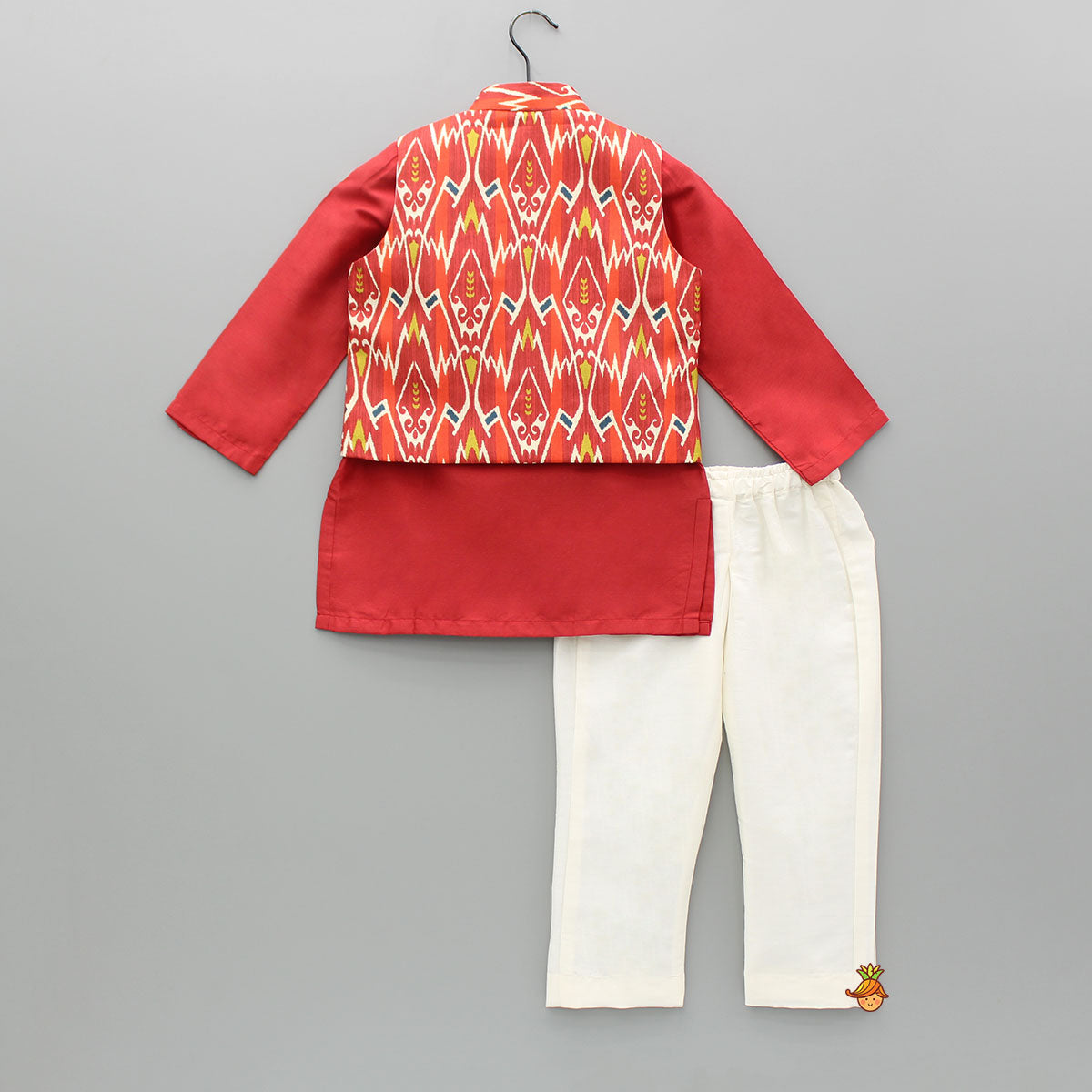 Red Kurta With Ikkat Printed Jacket And Pyjama