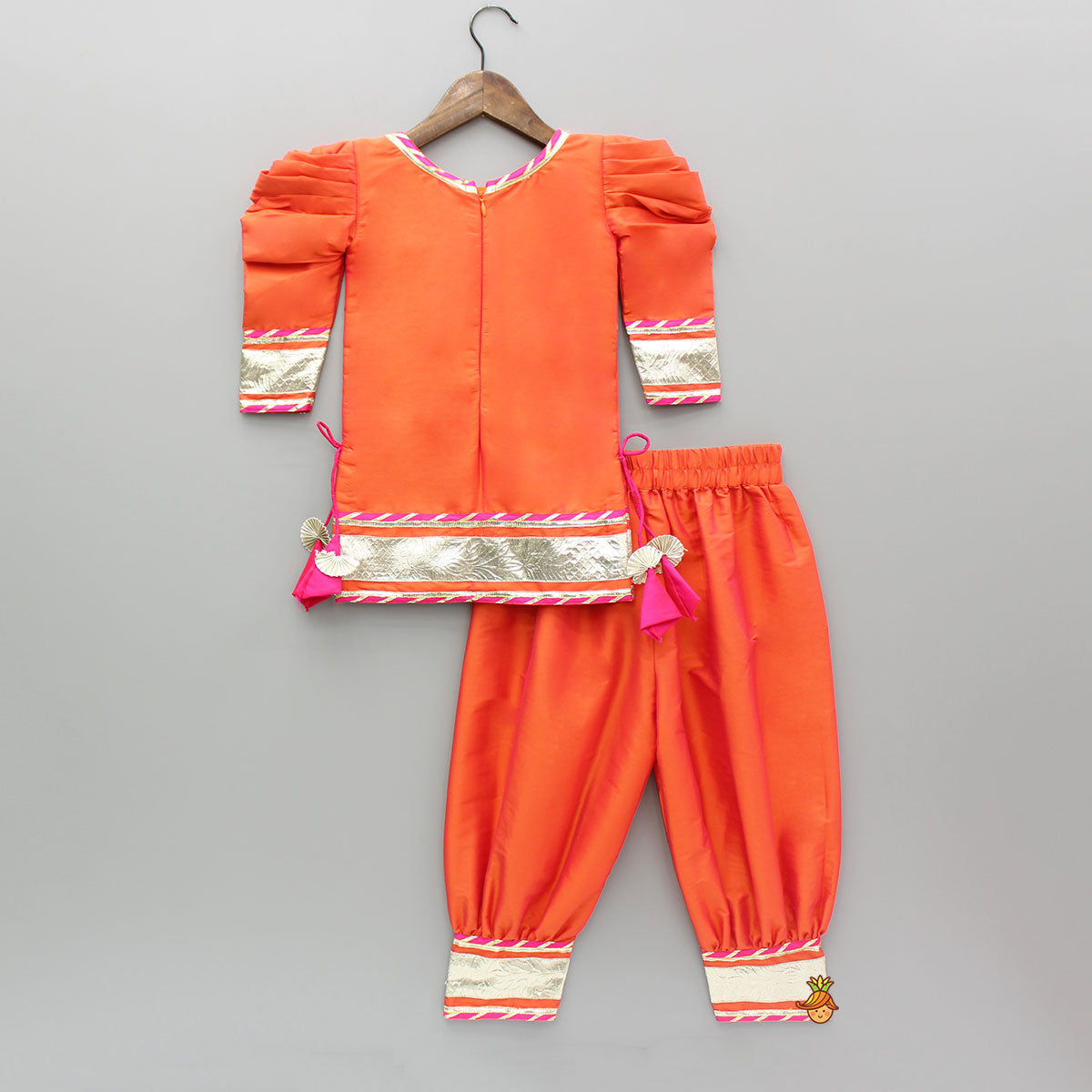 Orange Embroidered Front Open Flap Kurti With Pant And Dupatta