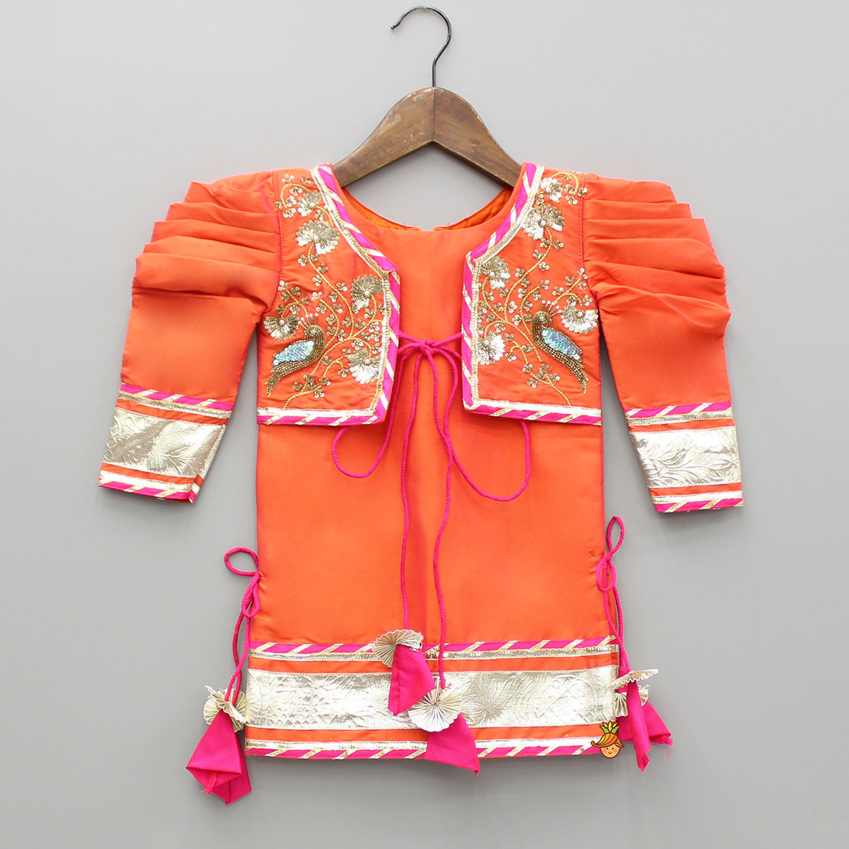 Orange Embroidered Front Open Flap Kurti With Pant And Dupatta