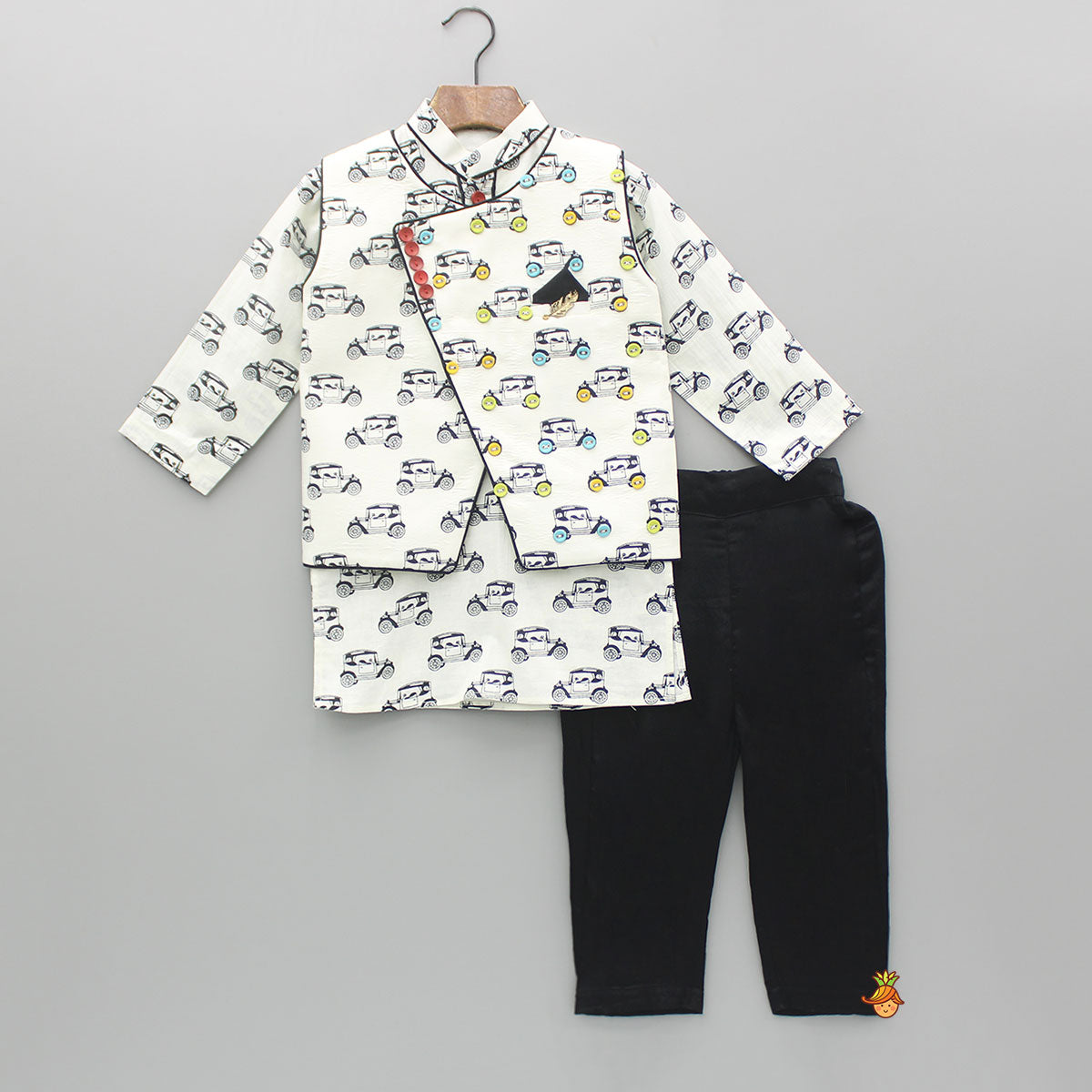 Vehicle Printed Kurta With Jacket And Pyjama