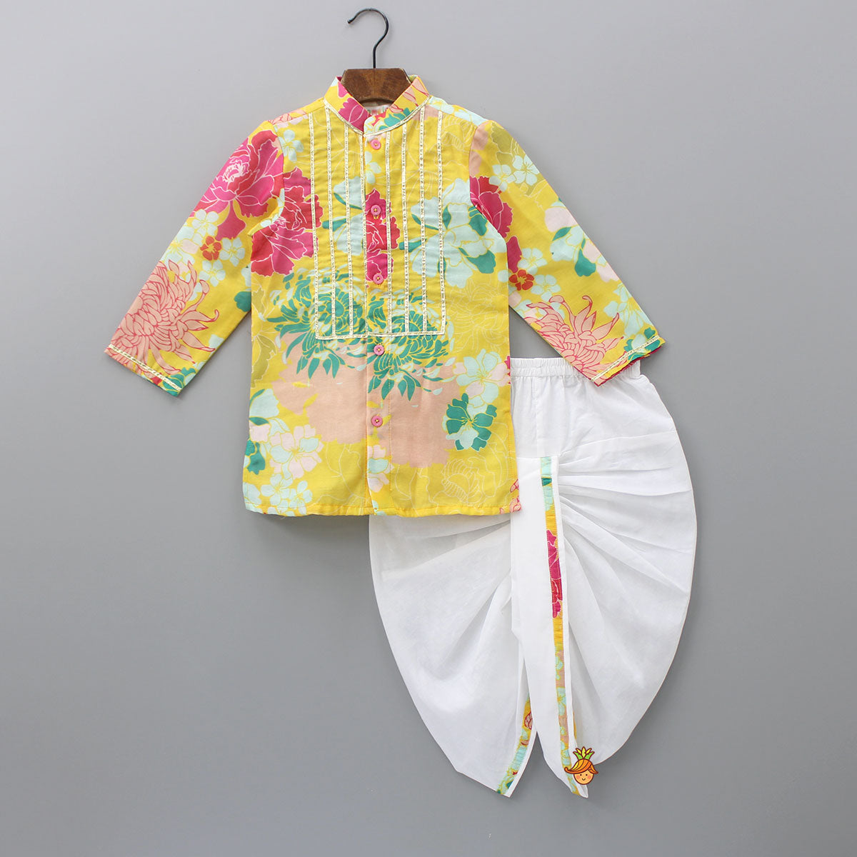 Yellow Floral Printed Kurta With Dhoti