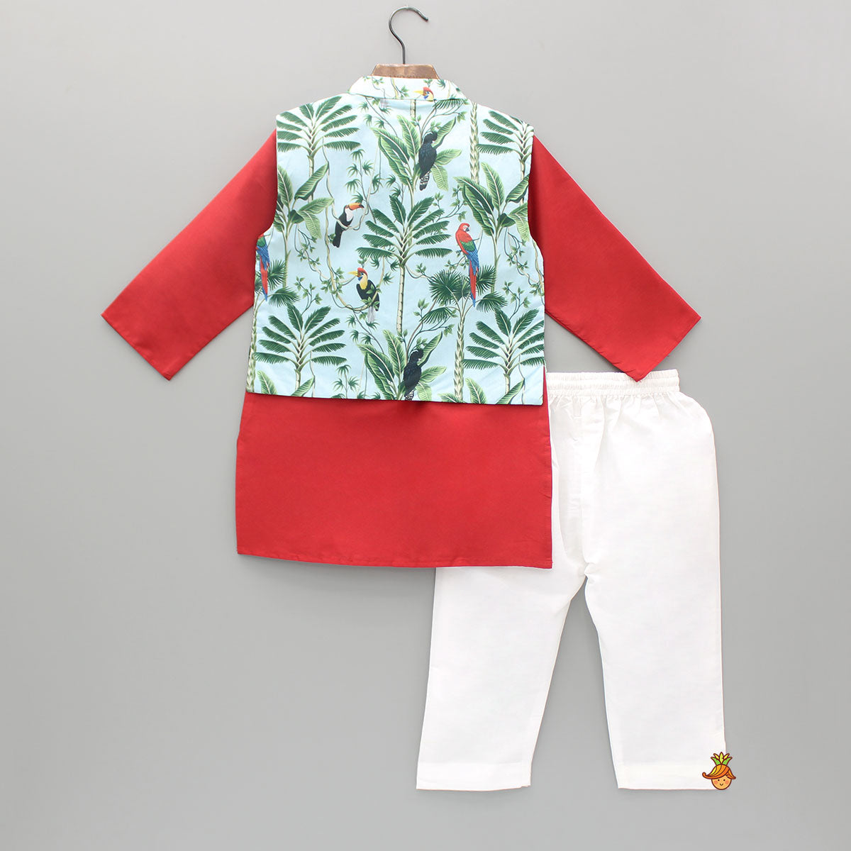 Red Kurta With Jungle Theme Printed Jacket And Pyjama