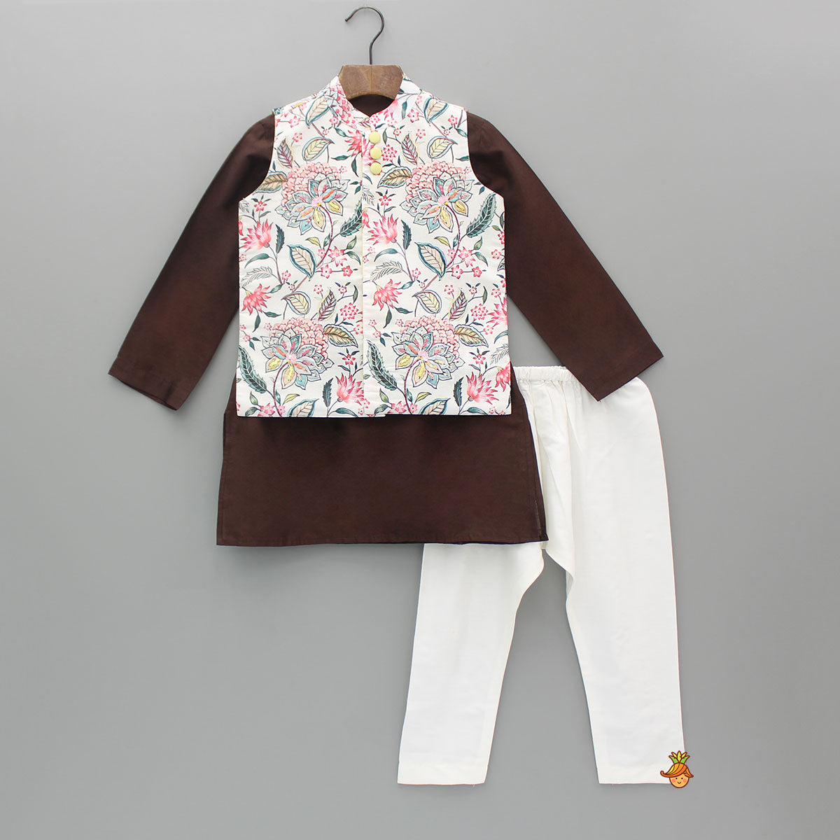 Brown Kurta With Printed Embroidered Jacket And Pyjama