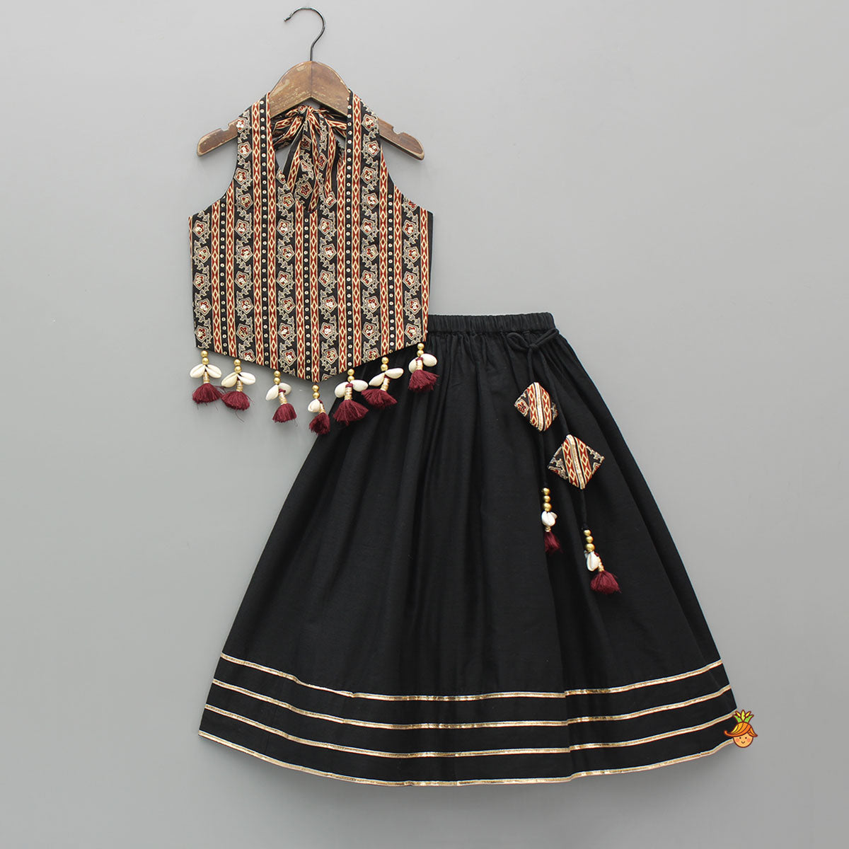 Printed Sequin Embellished Halter Neck Top With Gota Work Lehenga