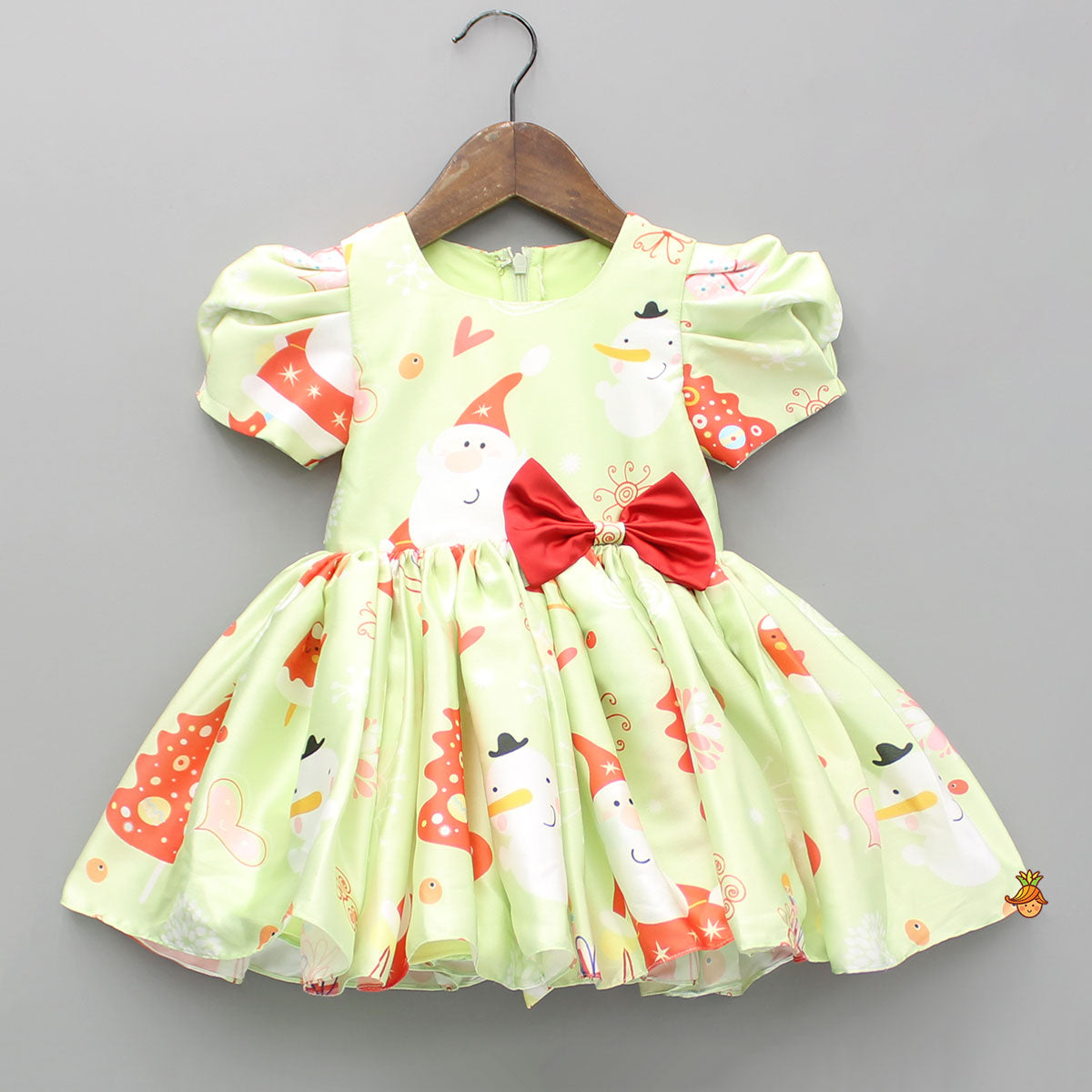 Christmas Theme Printed Green Flared Dress With Bowie Headband