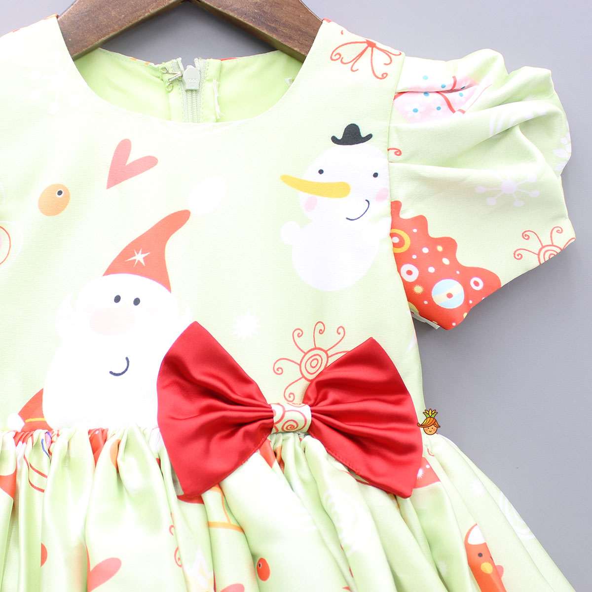 Christmas Theme Printed Green Flared Dress With Bowie Headband