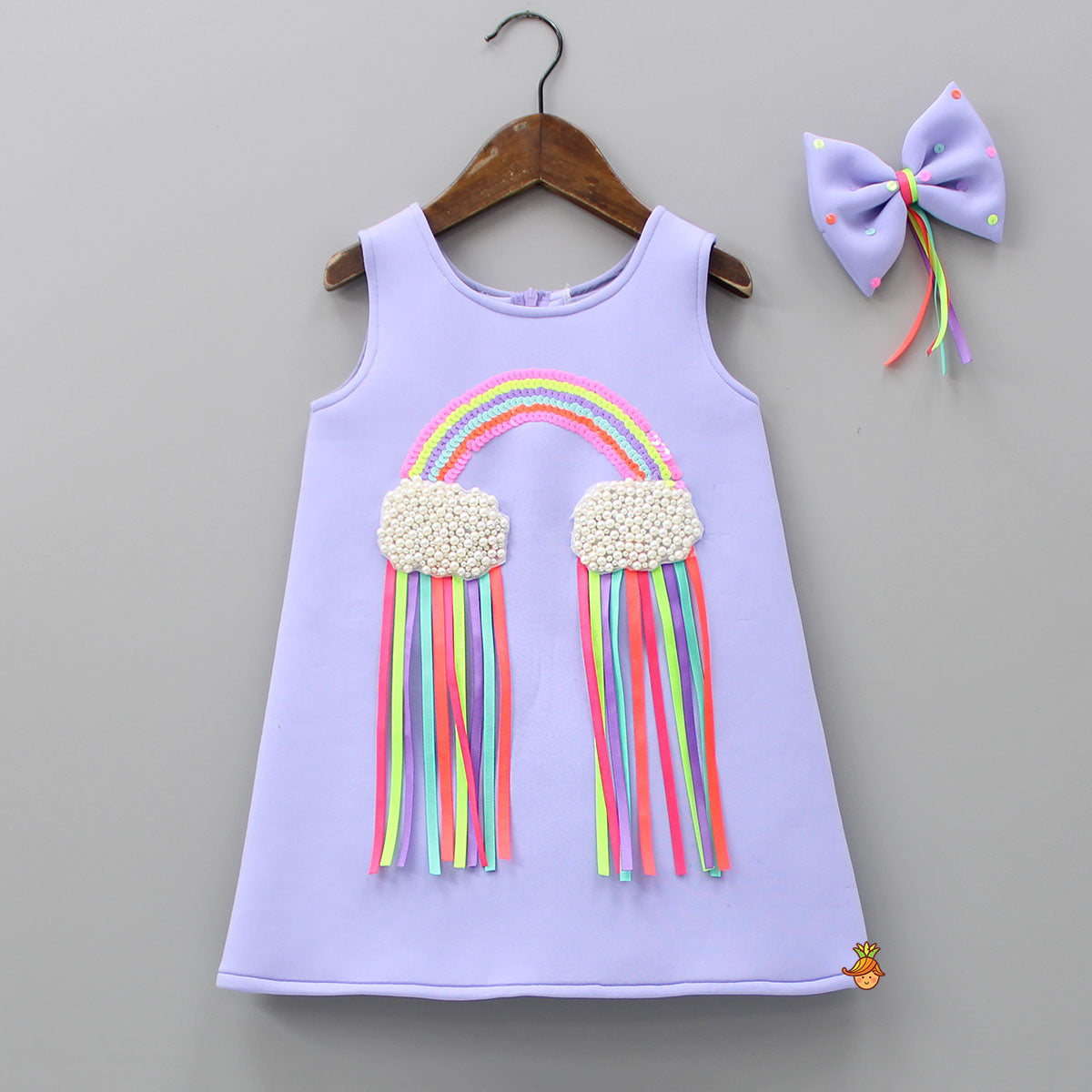 Sequins Rainbow Embroidered Lavender Dress With Bowie Hair Clip