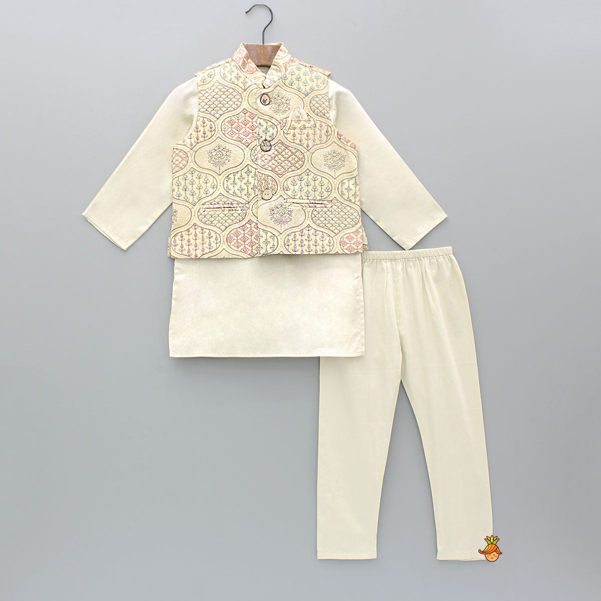 Beige Kurta With Multicolour Embroidered Jacket And Pyjama