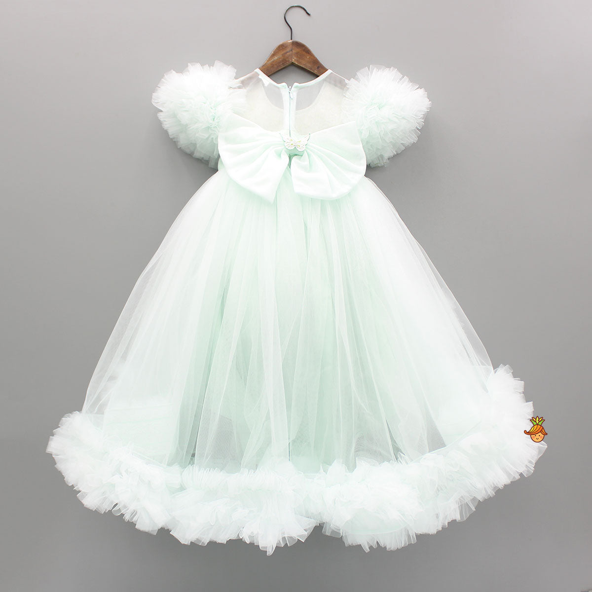 Green High Low Dress With Butterflies Embellished And Detachable Bow