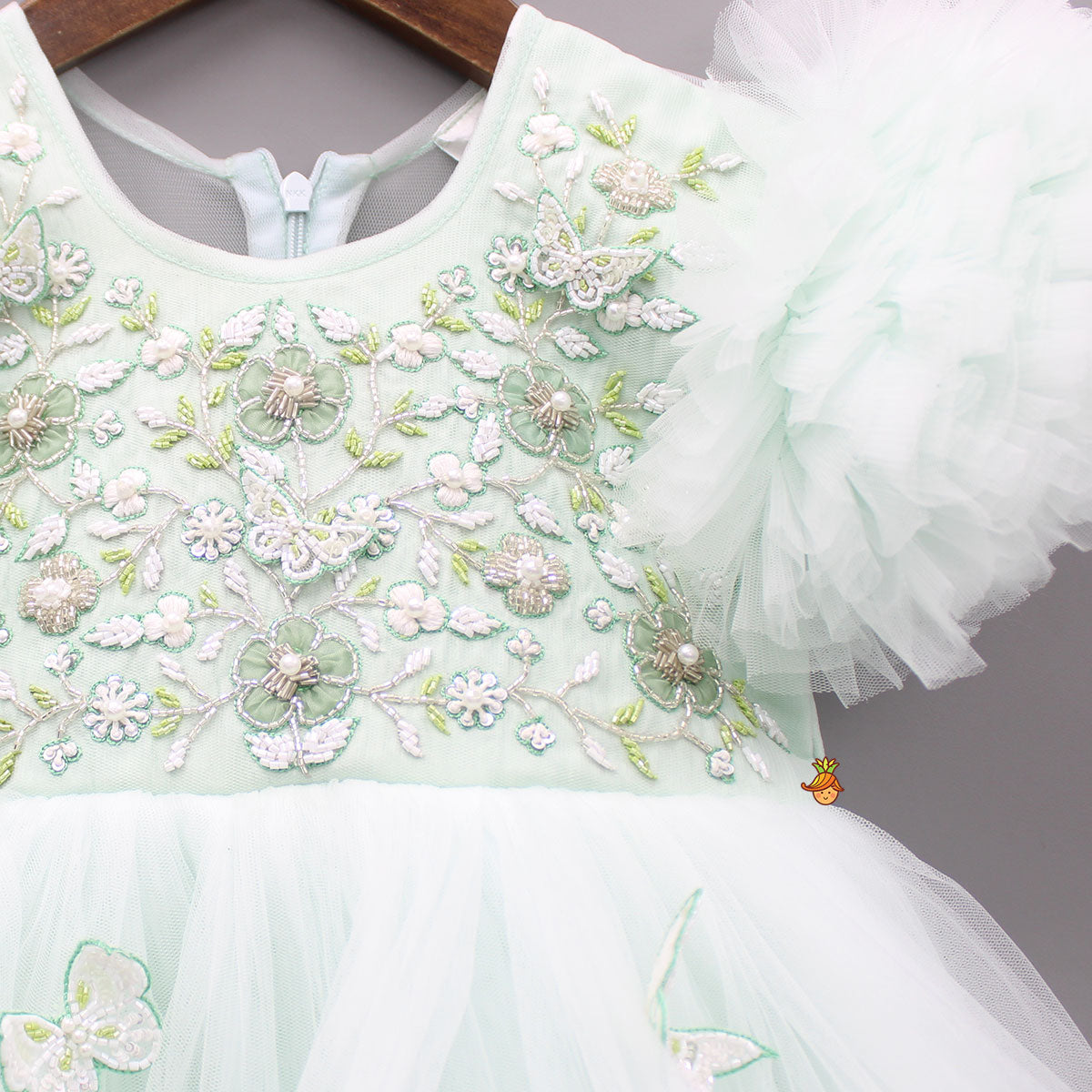 Green High Low Dress With Butterflies Embellished And Detachable Bow