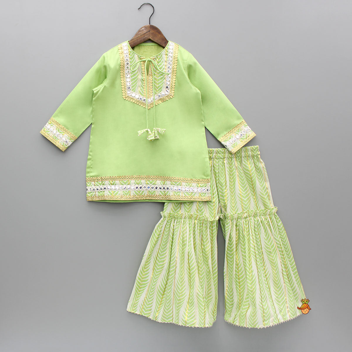 Green Gota Lace And Faux Mirror Work Kurti With Sharara And Dupatta