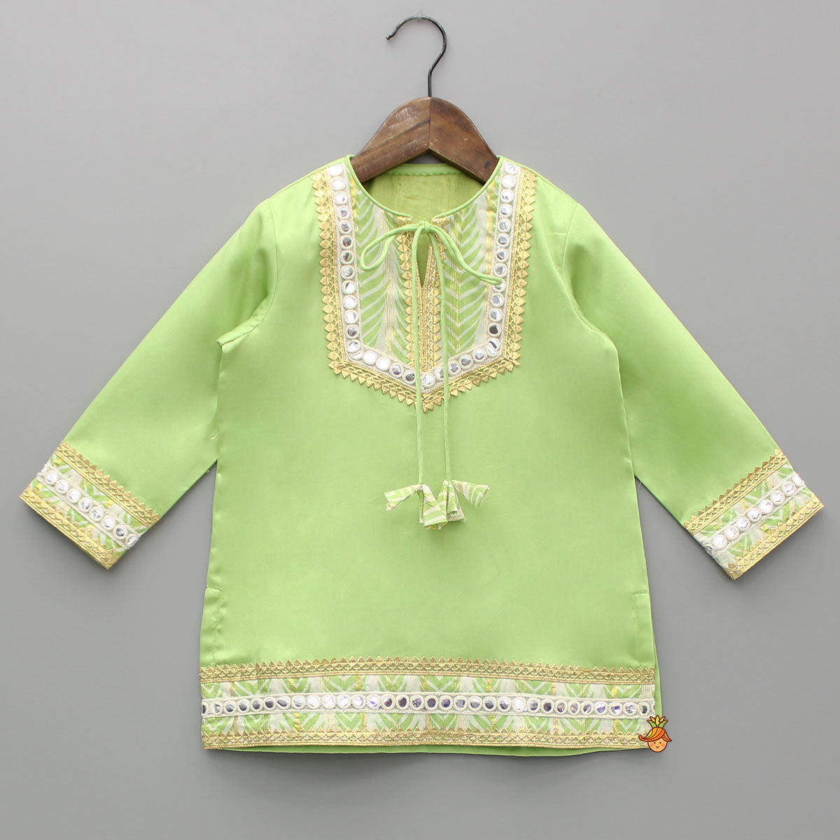 Green Gota Lace And Faux Mirror Work Kurti With Sharara And Dupatta