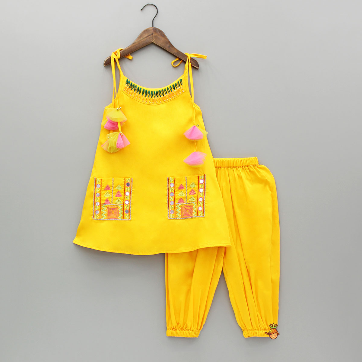 Yellow Thread Embroidered Neckline Strappy Kurti With Patiala