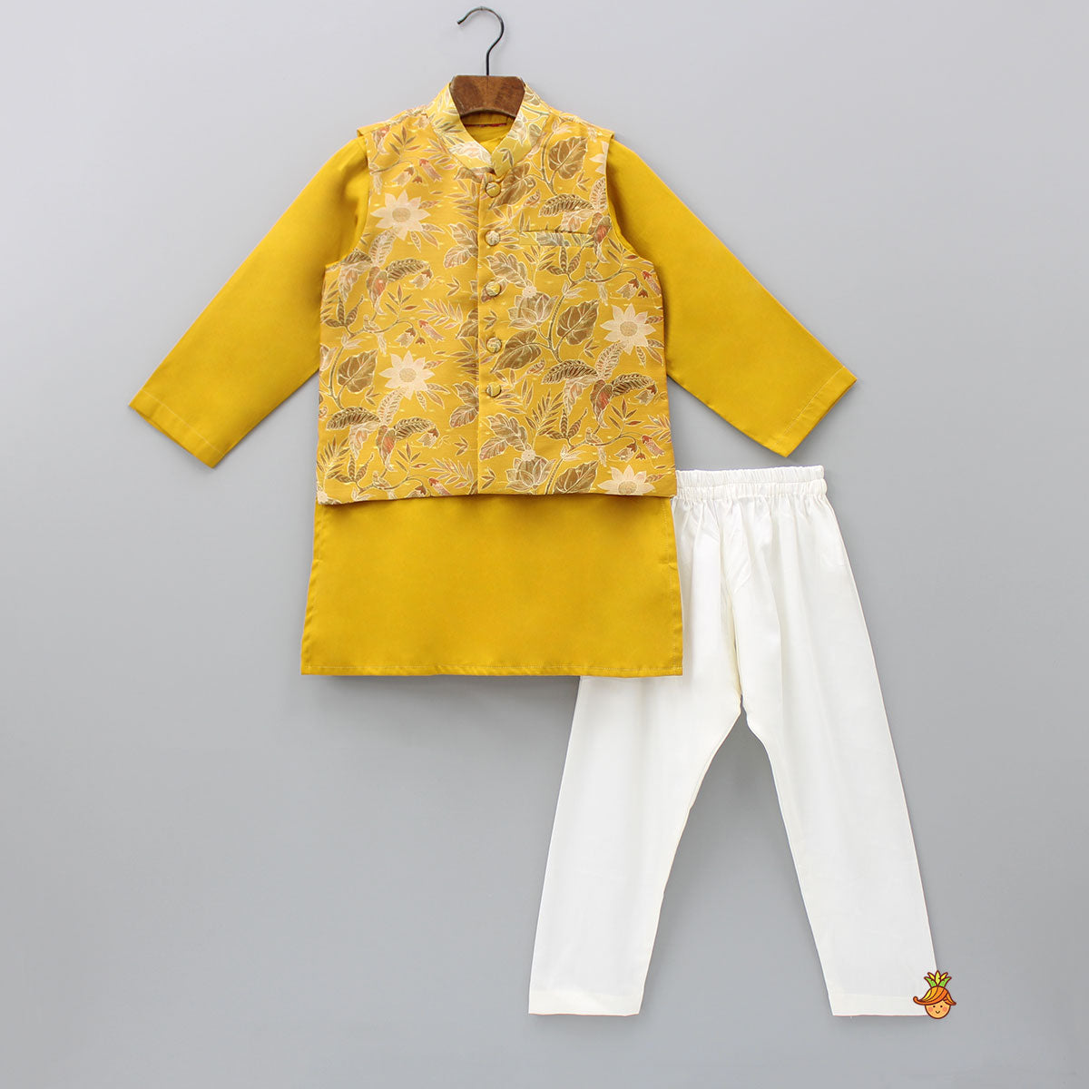 Mustard Kurta With Floral Printed Jacket And Pyjama