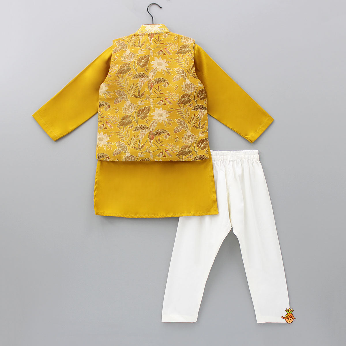 Mustard Kurta With Floral Printed Jacket And Pyjama