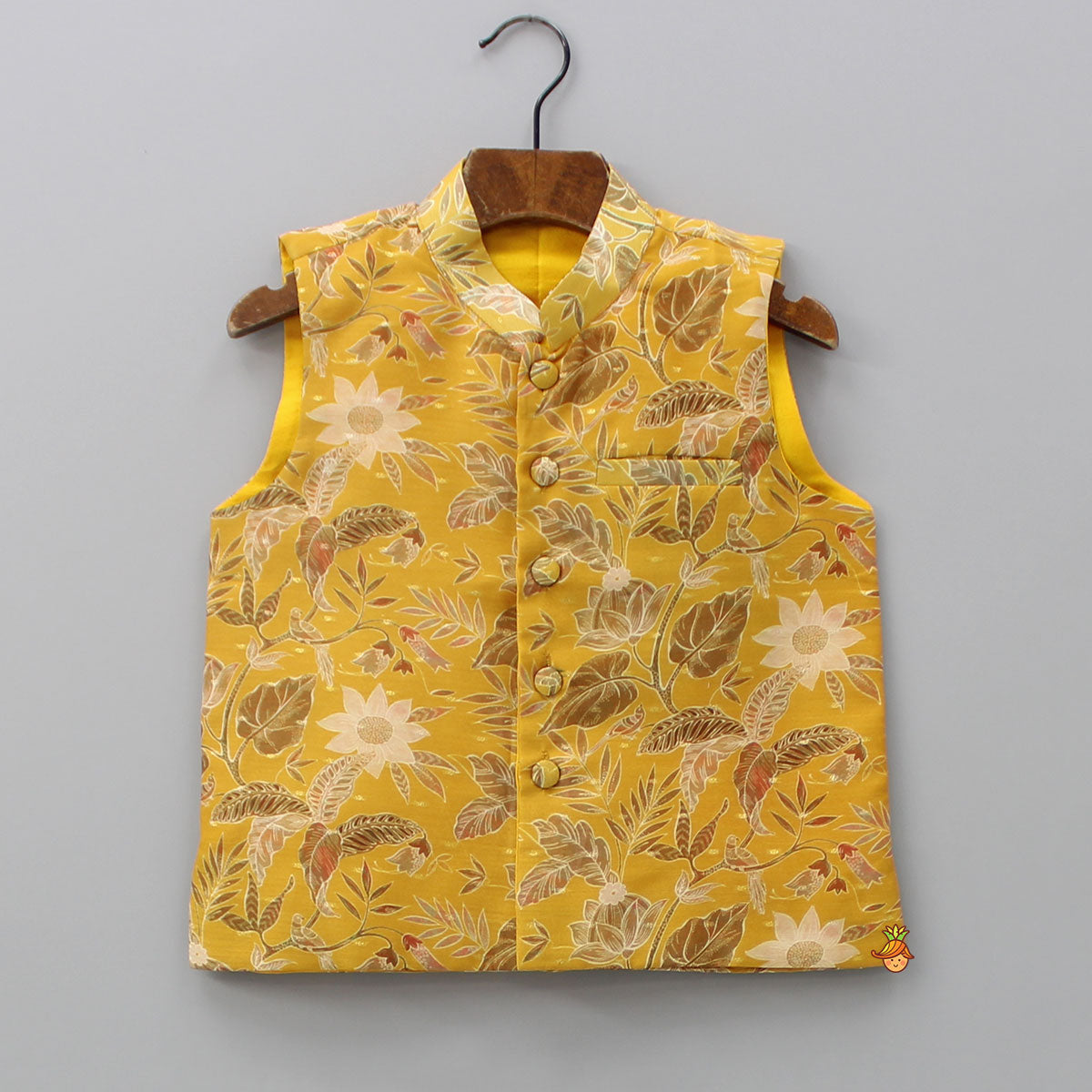 Mustard Kurta With Floral Printed Jacket And Pyjama