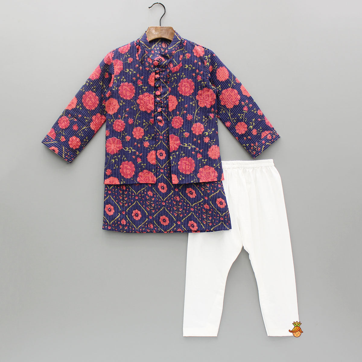 Floral Printed Kurta And Front Open Jacket With Pyjama