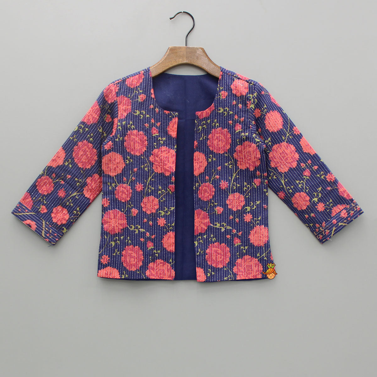 Floral Printed Kurta And Front Open Jacket With Pyjama