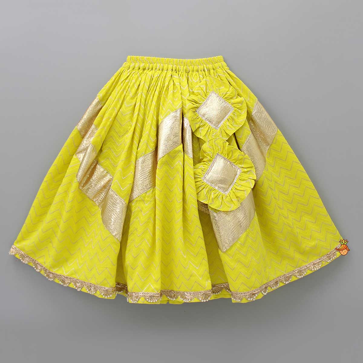 Chevron Embroidered Collar Neck Yellow Top And Lehenga