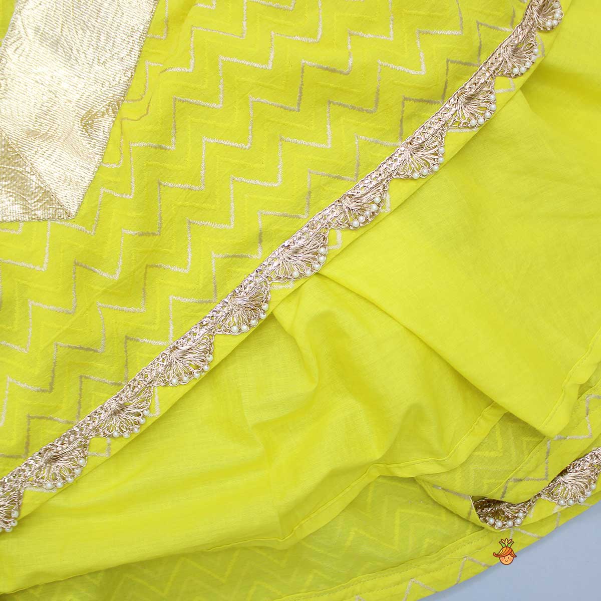 Chevron Embroidered Collar Neck Yellow Top And Lehenga